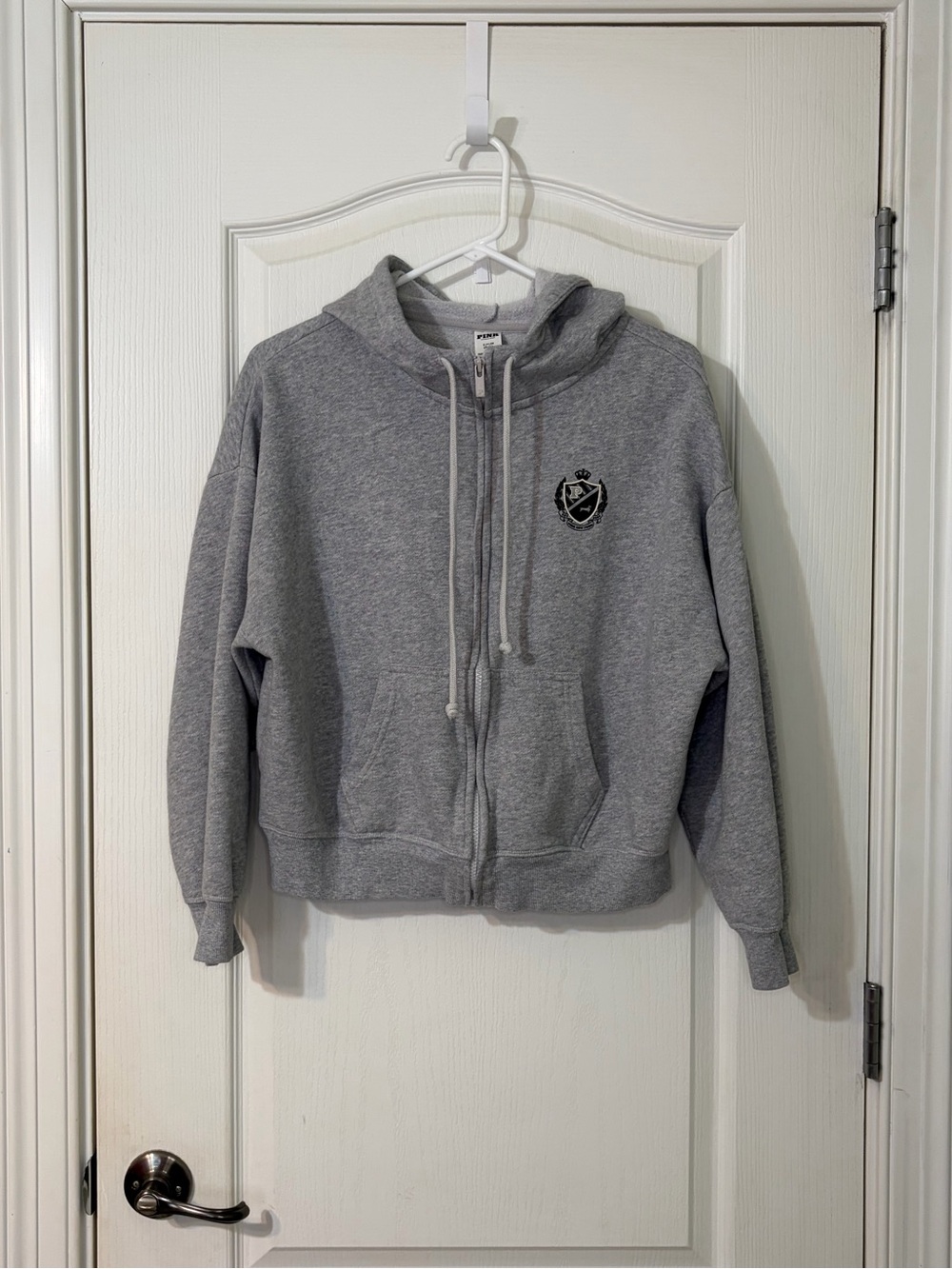 PINK Victoria's Secret Gray Zip-Up Hoodie with Embroidered Crest